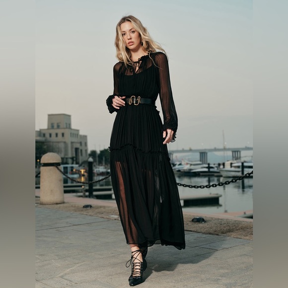 Black Commense Ruffled Chiffon Semi-Sheer Long Sleeve Dress XS - Picture 1 of 10